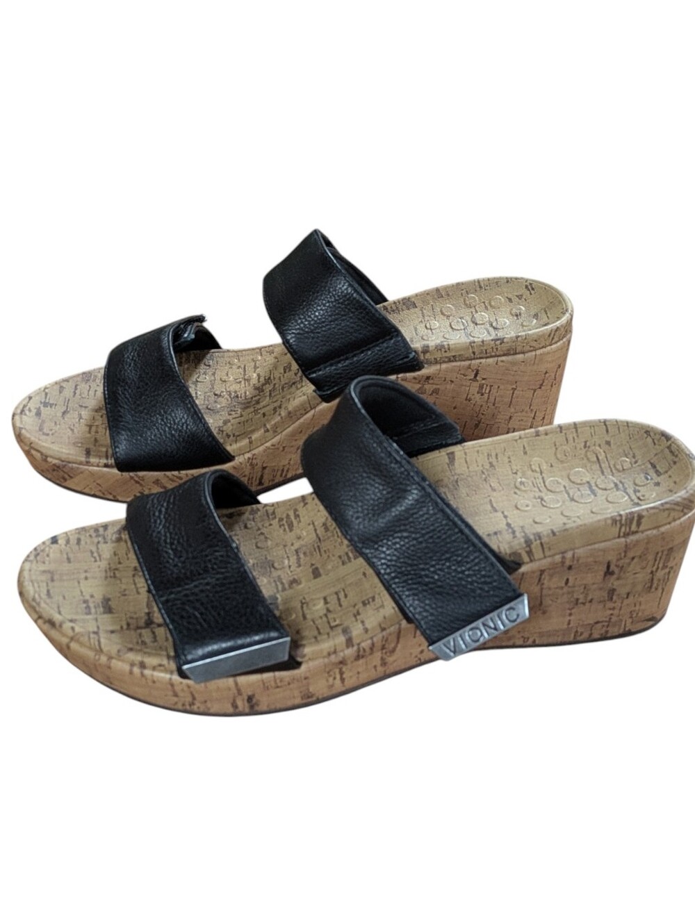 Vionic Pepper Black Leather Platform Wedge Slide Sandal Size 10